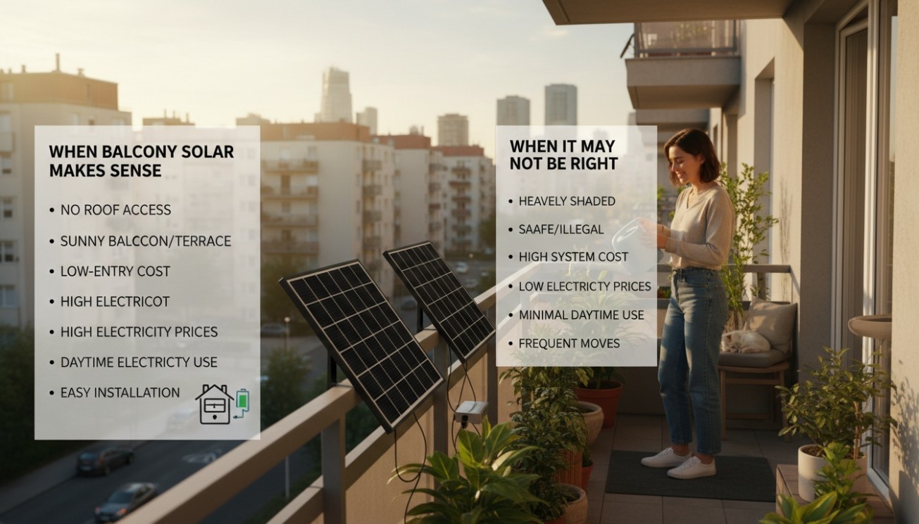 Balcony solar decision guide showing when plug-in solar makes sense for apartments and when it may not be right due to shade, rules, high cost, or low daytime use